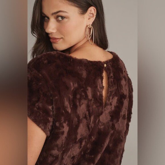 NWT Size L- Anthropologie Maeve faux-fur tee in Chocolate (NWT US$ 120) - Picture 2 of 16